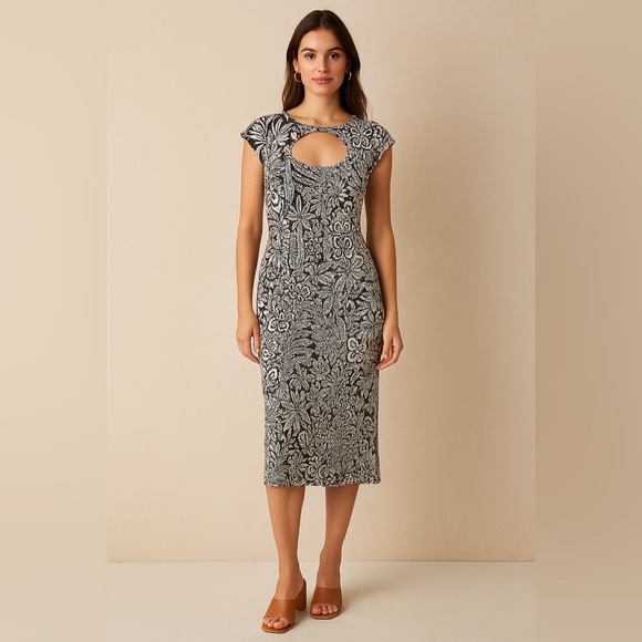 Anthropologie Black & White Stretch Midi Dress NWT/ XL / Front Cutout + Slit - Picture 9 of 9